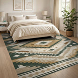 ODIKA Washable Southwestern Area Rug, Low Pile Forest Green & Tan Non-Slip Tribal Rug