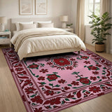 Pink Persian Floral Area Rug with Red Blooms