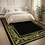 Gold and Silver Elegant Black Area Rug with Gold Ornate Border