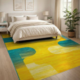 Vibrant Yellow Teal Curved Geometric Area Rug