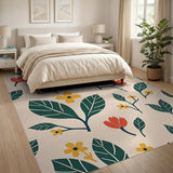 Beige Green Leaf Red Flower Pattern Rug