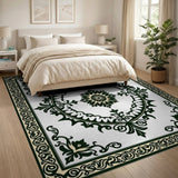 Beige and Neutral Ornate Black Ivory Floral Medallion Rug