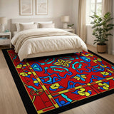 Vibrant Red Persian Area Rug with Blue Gold Motifs