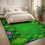 Lush Green Moss Garden Pink Flower Border Rug