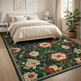 Ornate Floral Cream Red on Emerald Green Rug