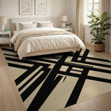 Modern Black Geometric Lines Beige Area Rug