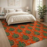 Vibrant Orange Green Tribal Leaf Area Rug