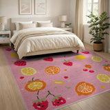 Playful Pink Fruit Pattern Area Rug with Strawberries Oranges Lemons