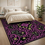 Ornate Black Cat Pink Floral Area Rug