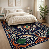 Navy Blue Orange Mandala Floral Area Rug