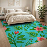 Blue and Teal Vibrant Pink Hibiscus Teal Floral Area Rug