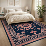 ODIKA Washable Navy and Peach Mandala Vintage Low Pile Area Rug