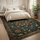 Teal Mandala Persian Area Rug with Gold Frame