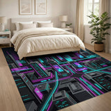 Neon Cyberpunk City Skyline Area Rug