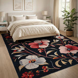 Red Pink Floral Blooms Area Rug on Black