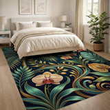 Teal Gold Tropical Palm Orchid Area Rug