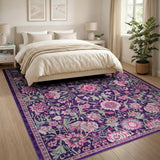 Purple Persian Floral Area Rug with Pink Blooms