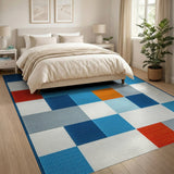 Modern Geometric Block Area Rug in Blue Orange Red