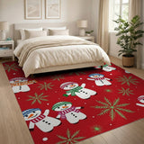 Red Festive Snowmen Snowflakes Red Area Rug