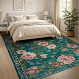 Teal Pink Peony Floral Vintage Area Rug