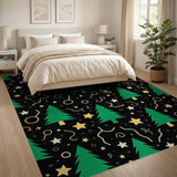 Festive Green Christmas Trees Gold Stars Area Rug
