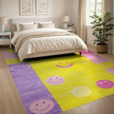 Playful Smiley Faces Kids Area Rug in Yellow Pink Purple