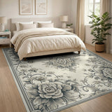 Elegant Black White Peony Floral Area Rug