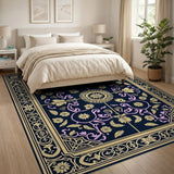 Ornate Navy Persian Area Rug with Gold Purple Florals