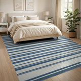 Navy Blue and White Striped Coastal Woven Rug