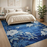 Navy Blue Birds and White Peonies Area Rug