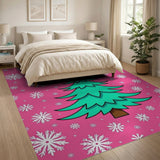 Festive Pink Christmas Tree Snowflake Rug