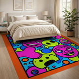 Psychedelic Neon Cartoon Faces Area Rug