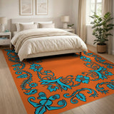 Orange Teal Floral Border Area Rug