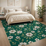 Emerald Green White Daisy Floral Area Rug