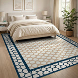 Hexagonal Beige Area Rug with Navy Border
