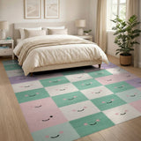 Pastel Smiley Face Checkered Kids Area Rug
