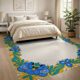 Blue Peony Floral Border Area Rug