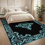 Ornate Teal Border Black Area Rug