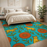 Playful Yellow Cats Orange Daisies Teal Area Rug