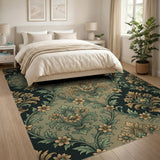 Ornate Green Gold Floral Damask Area Rug