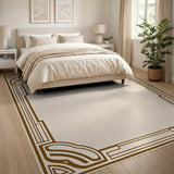 Beige Area Rug with Ornate Gold Art Deco Border