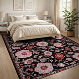 Vintage Pink Peony Floral Black Area Rug