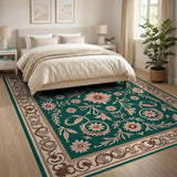 Vintage Floral Green Area Rug with Pink Blooms