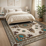 Ornate Cream Medallion Rug with Teal Accents