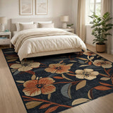 Navy Floral Vintage Area Rug with Beige Blooms