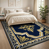 Navy Blue Gold Ornate Medallion Area Rug