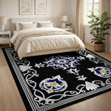 Black Traditional Persian Medallion Rug with Blue Gold Accents