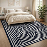 Black and White Navy Maze Labyrinth Geometric Area Rug