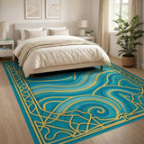 Teal Swirl Abstract Area Rug with Gold Filigree Frame