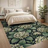 Hydrangea Floral Area Rug - Cream Blooms on Black
